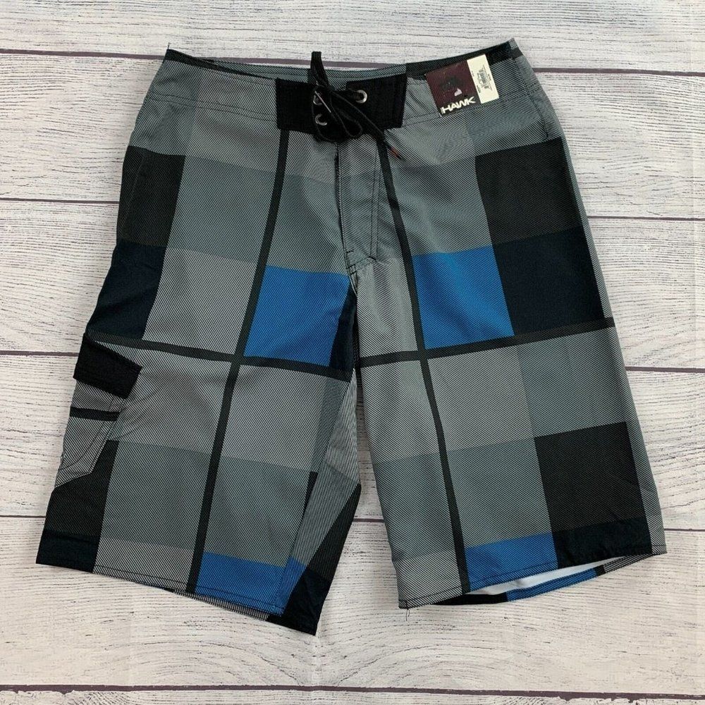 Tony Hawk Board Shorts sz 30 Men's Gray Blue Pattern Lower Pocket New NWT